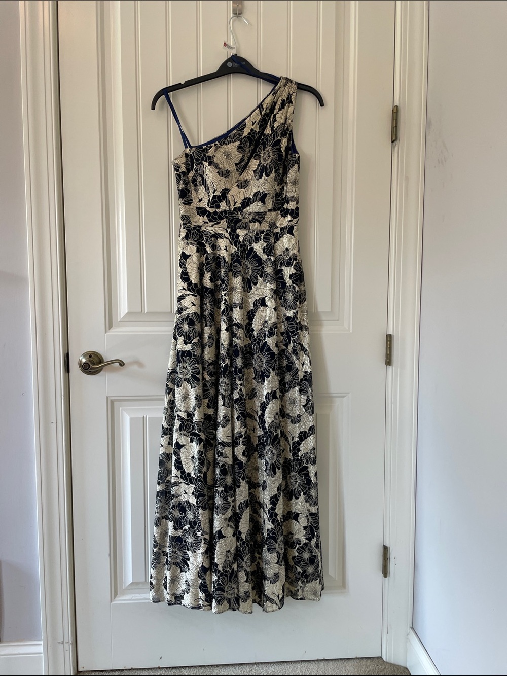 Betsy & Adam One-Shoulder Navy and Cream Floral Gown